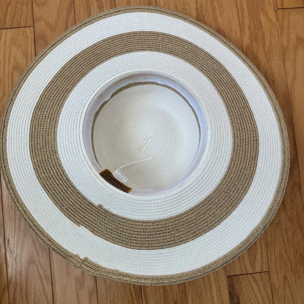 Scala OS White Gold Sun Hat Wide Brim Striped Metallic Chain Detail Beach Summer